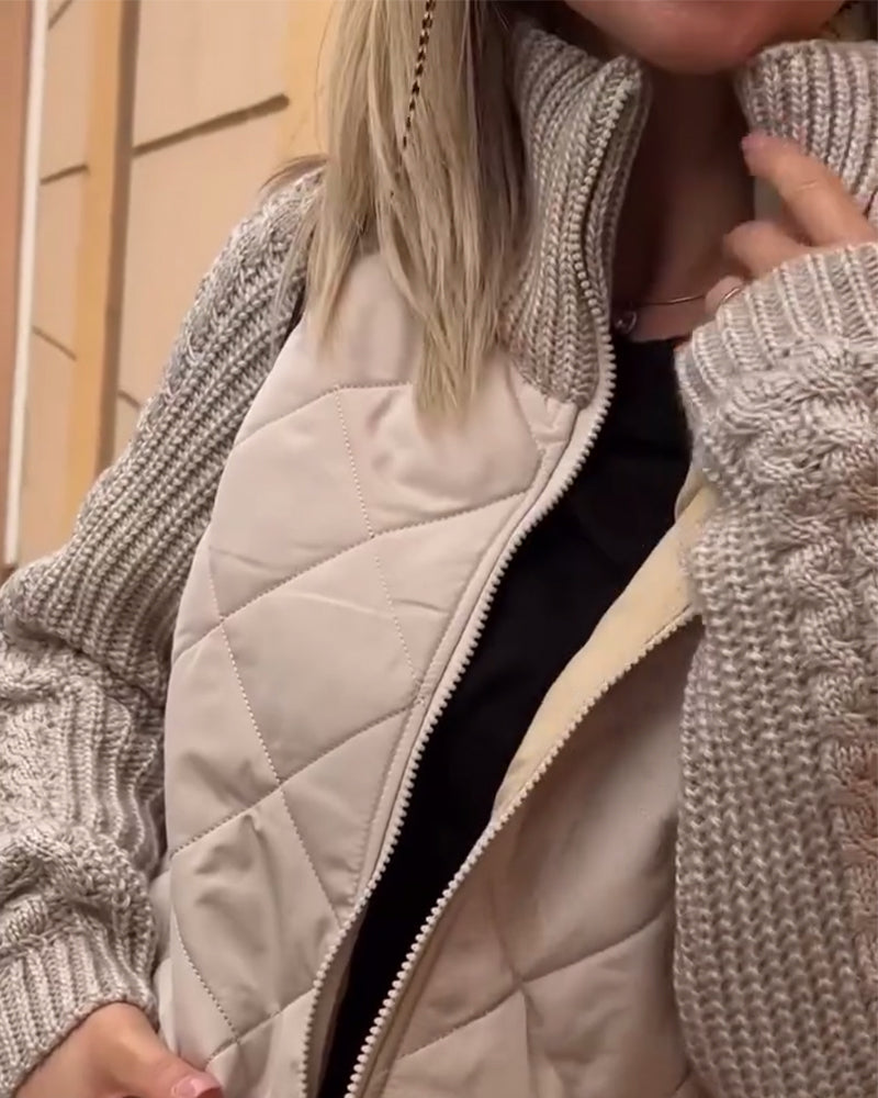Kurtka Zimowa Damska z Dzianinowymi Rękawami | Pikowana
