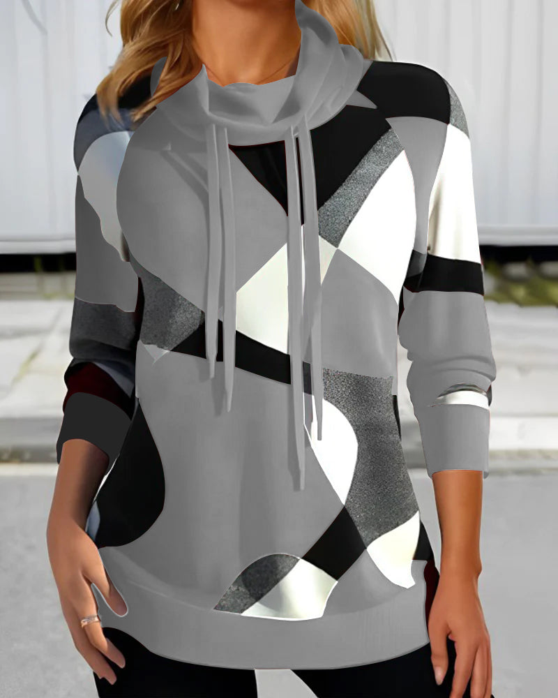 Damska Bluza z Kapturem Roll Neck | Geometryczny Wzór