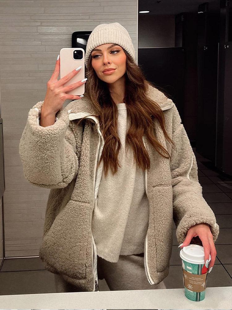 Kurtka Zimowa Damska Oversize Teddy z Kieszeniami | Zamek