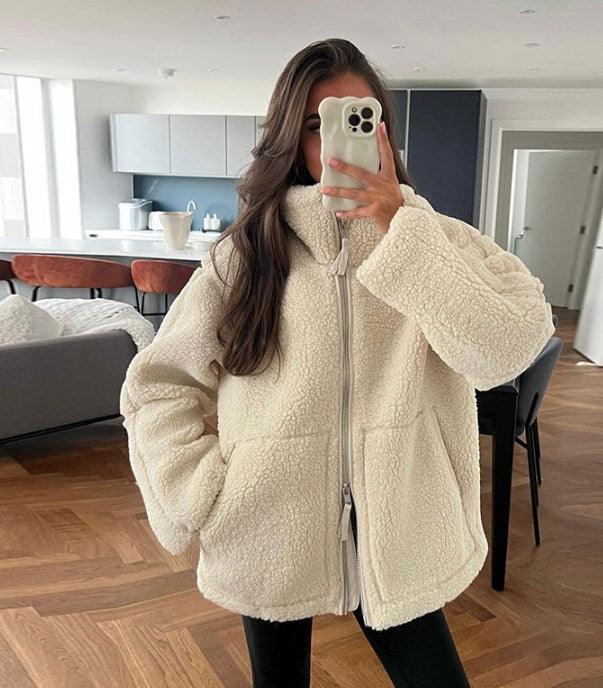 Kurtka Zimowa Damska Oversize Teddy z Kieszeniami | Zamek