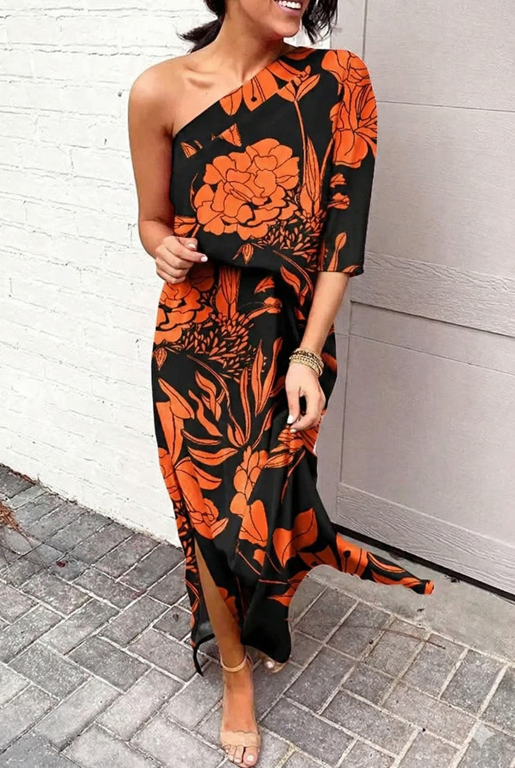 Sukienka Wieczorowa Damska Jednorękawowa W Kwiaty