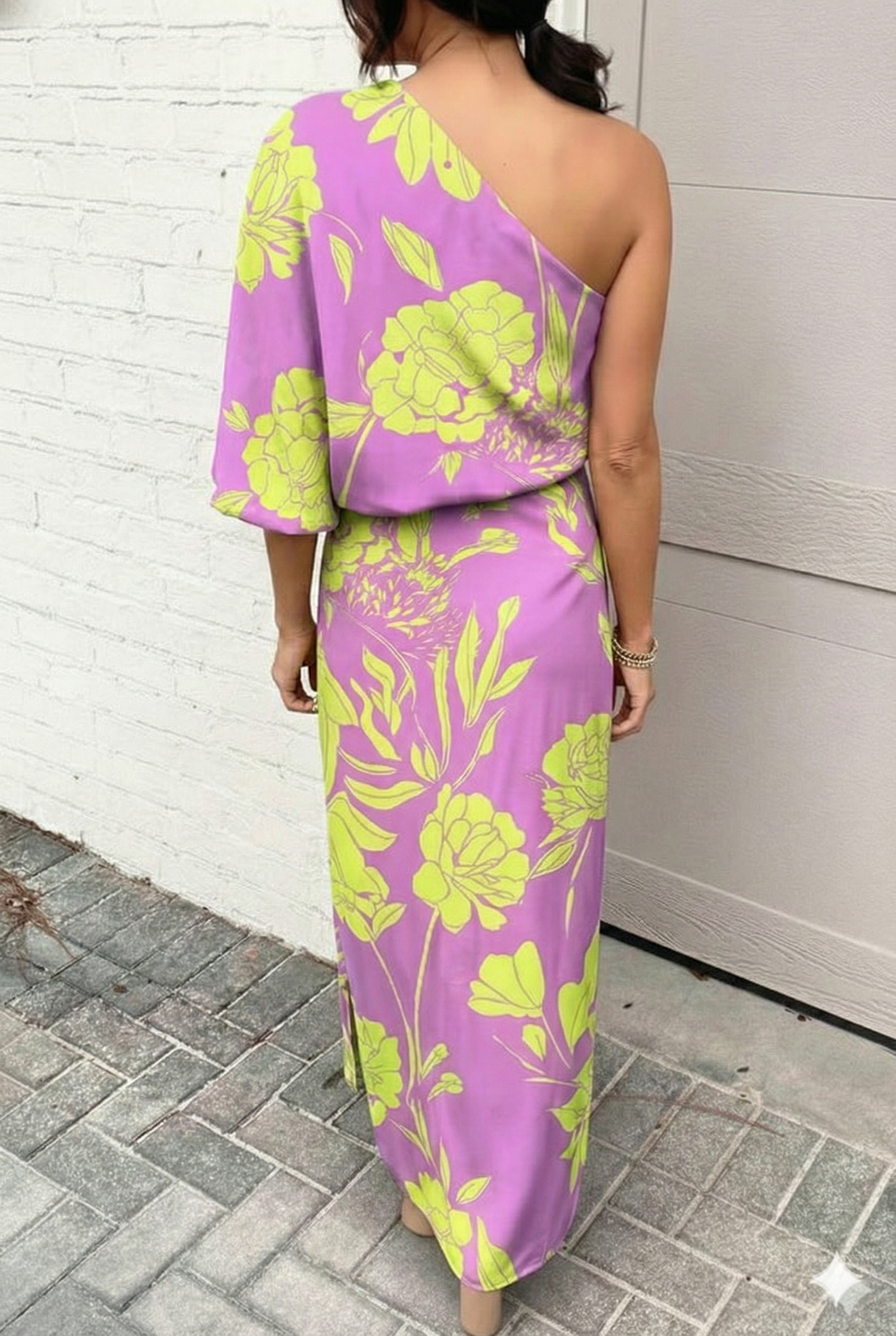 Sukienka Wieczorowa Damska Jednorękawowa W Kwiaty