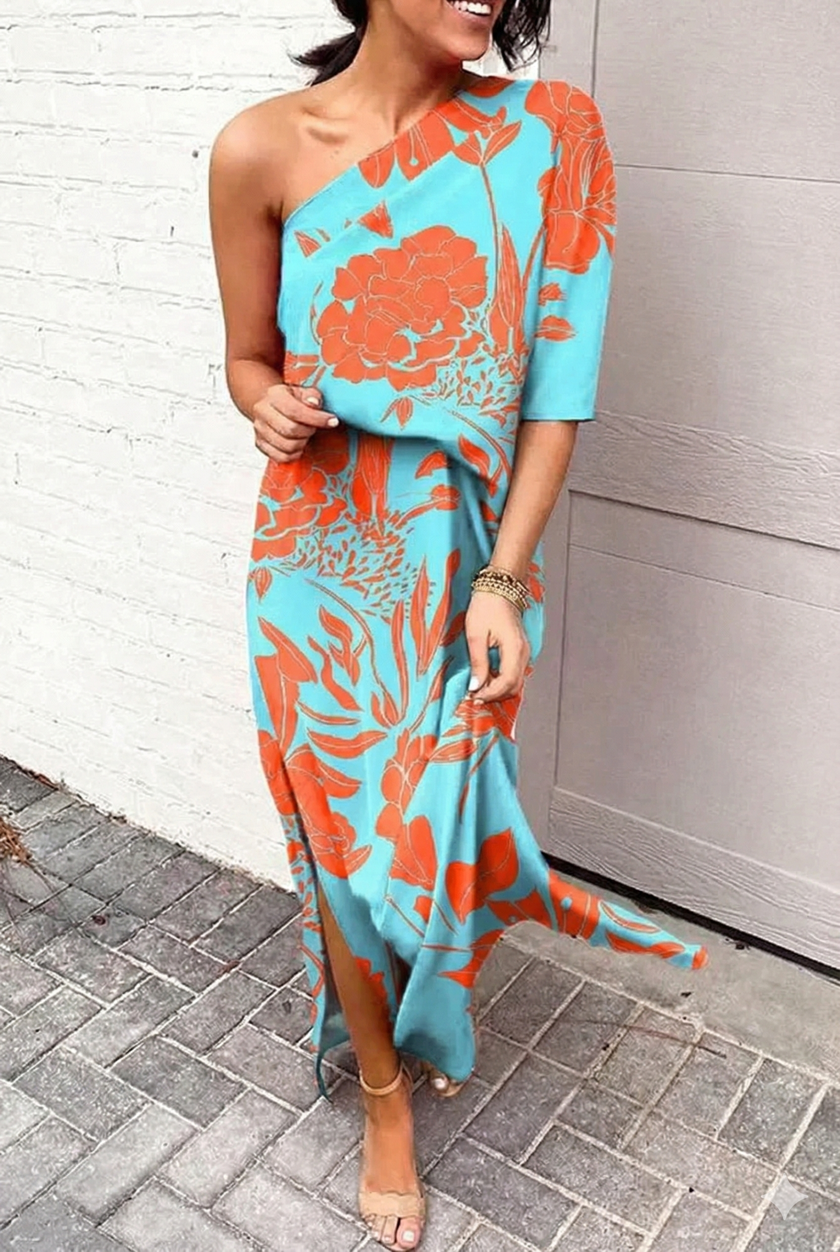 Sukienka Wieczorowa Damska Jednorękawowa W Kwiaty