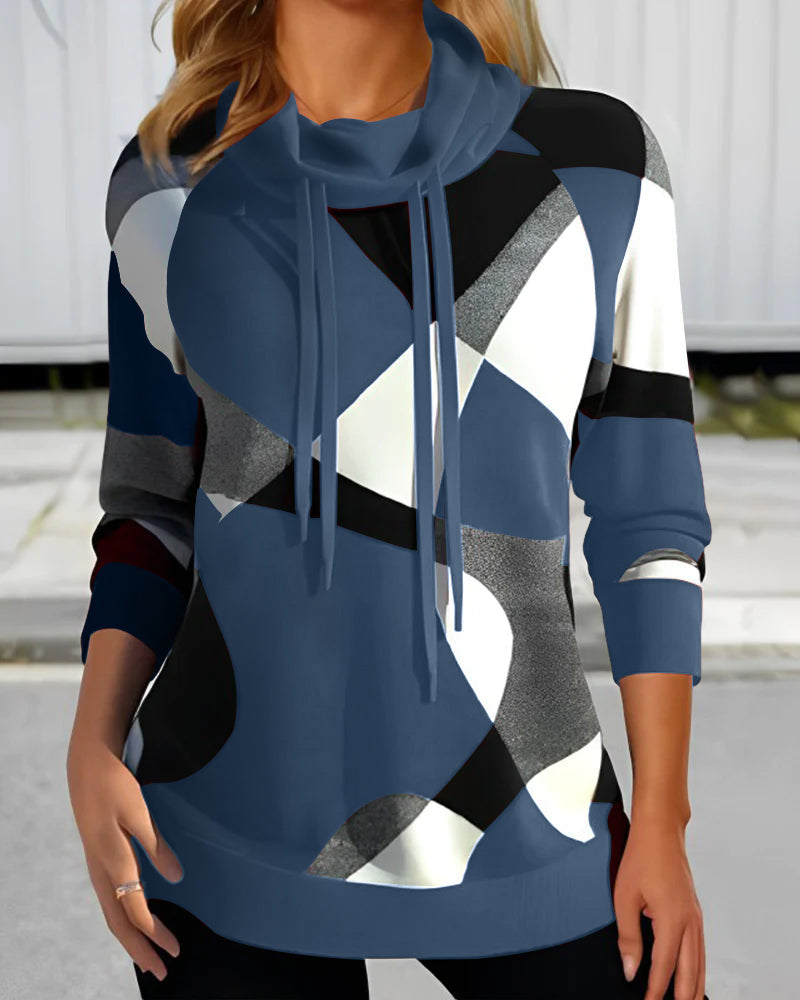 Damska Bluza z Kapturem Roll Neck | Geometryczny Wzór