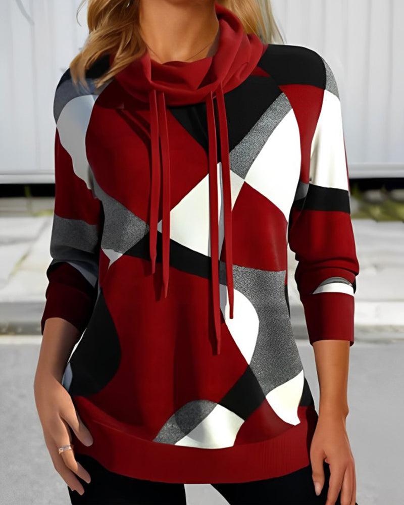 Damska Bluza z Kapturem Roll Neck | Geometryczny Wzór