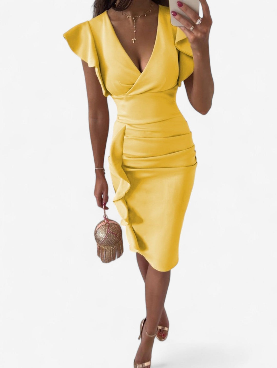 Vivienne | Sukienka Midi Bodycon Z Falbankowymi Rękawkami