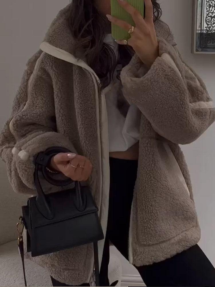 Kurtka Zimowa Damska Oversize Teddy z Kieszeniami | Zamek