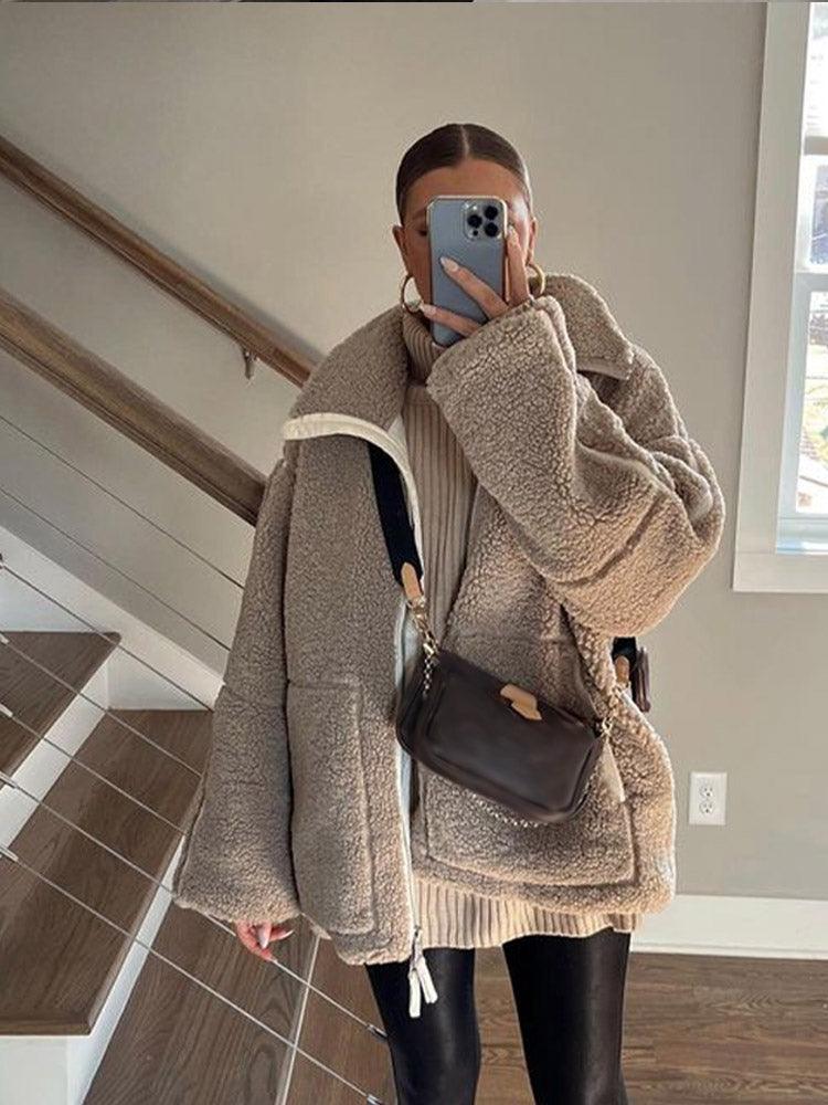 Kurtka Zimowa Damska Oversize Teddy z Kieszeniami | Zamek