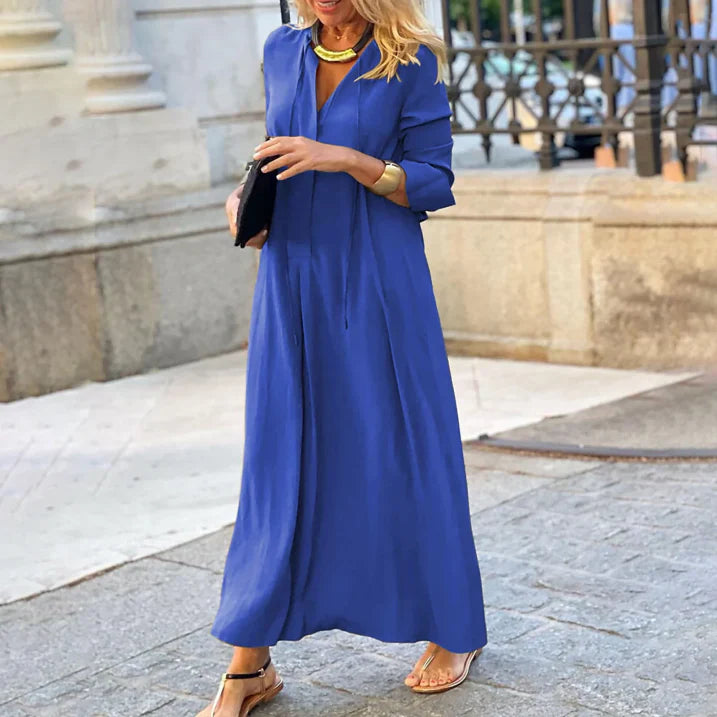 Sukienka Maxi Damska Z Rękawem 3/4 I Kołnierzem