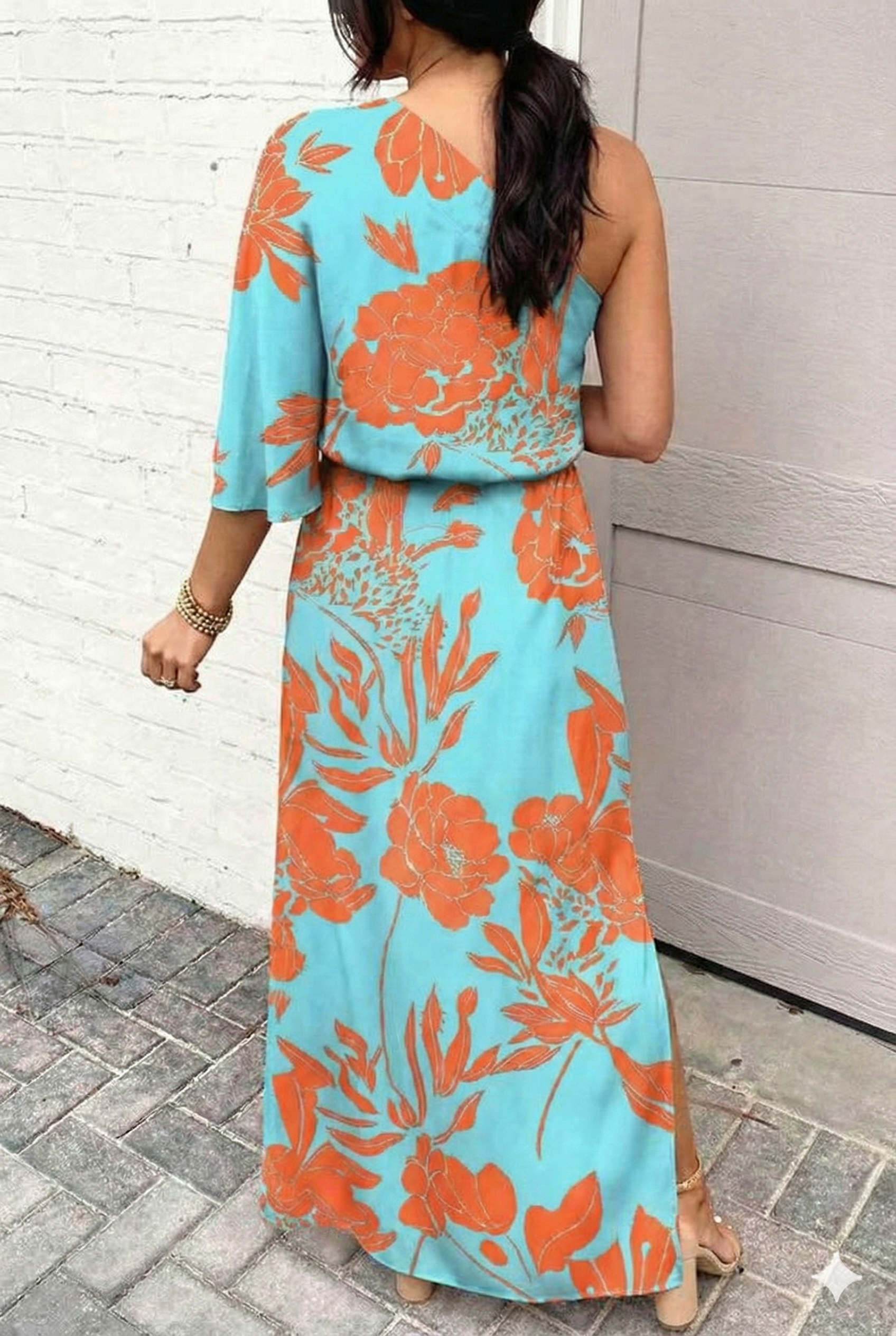 Sukienka Wieczorowa Damska Jednorękawowa W Kwiaty