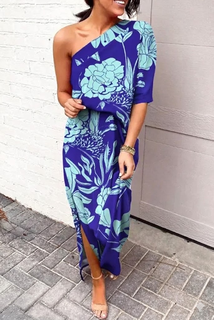 Sukienka Wieczorowa Damska Jednorękawowa W Kwiaty