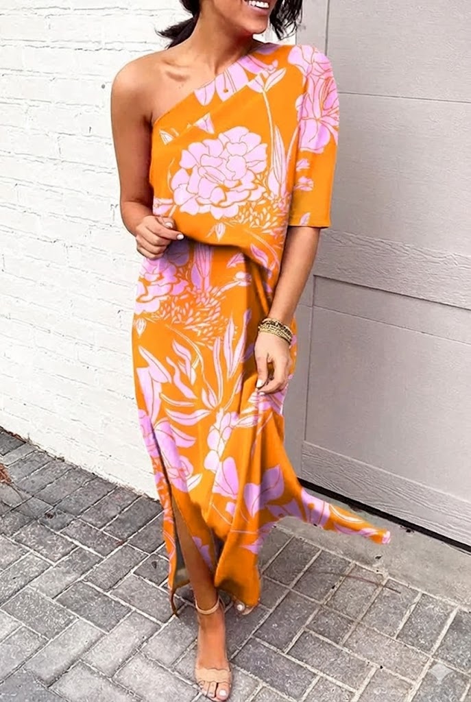 Sukienka Wieczorowa Damska Jednorękawowa W Kwiaty