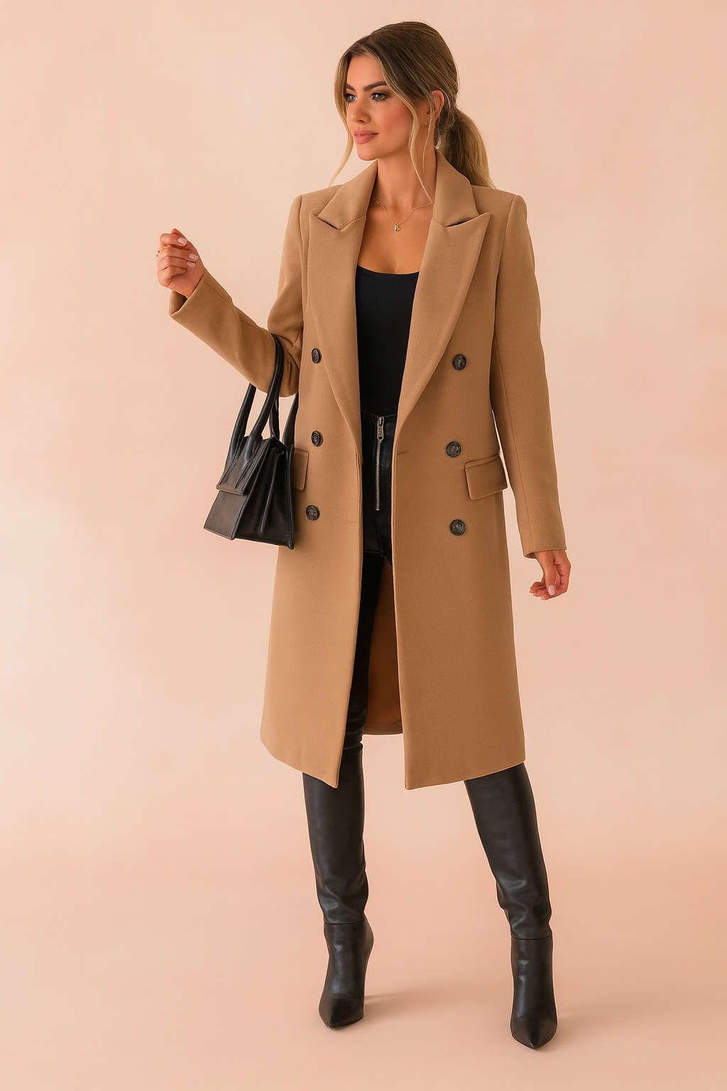 Płaszcz Damski Zimowy Dwurzędowy Długi