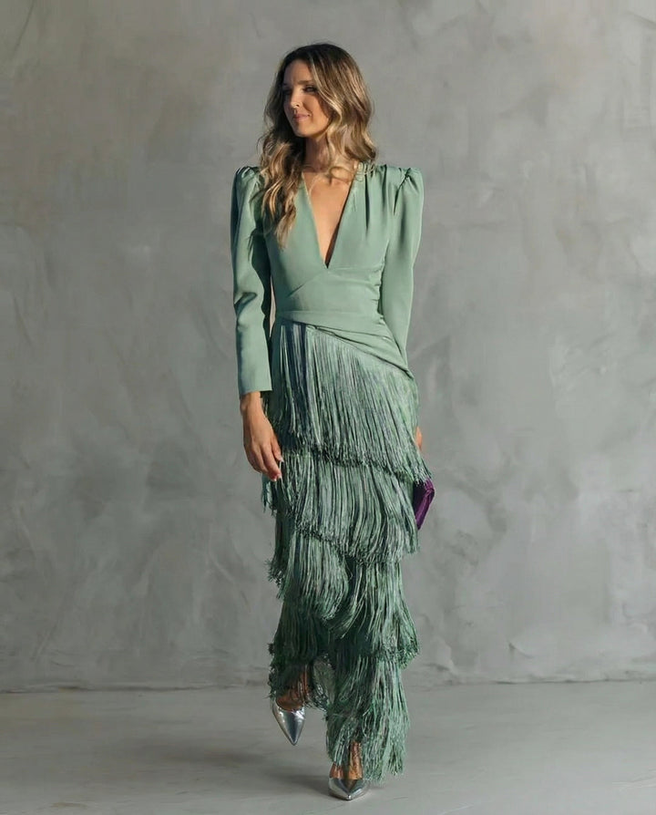 Agnieszka | Sukienka Damska Midi Elegancka Z Frędzlami
