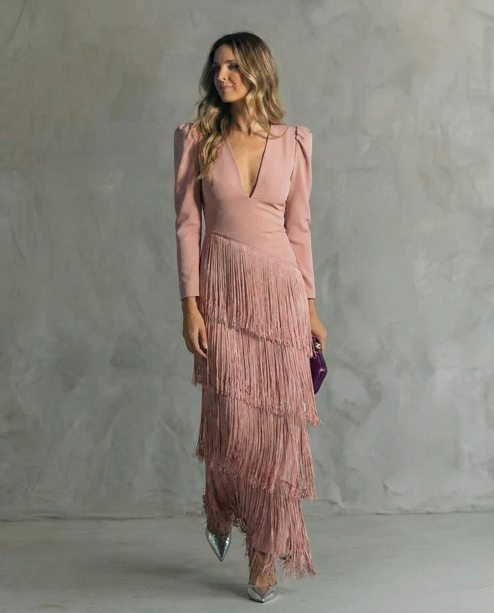 Agnieszka | Sukienka Damska Midi Elegancka Z Frędzlami