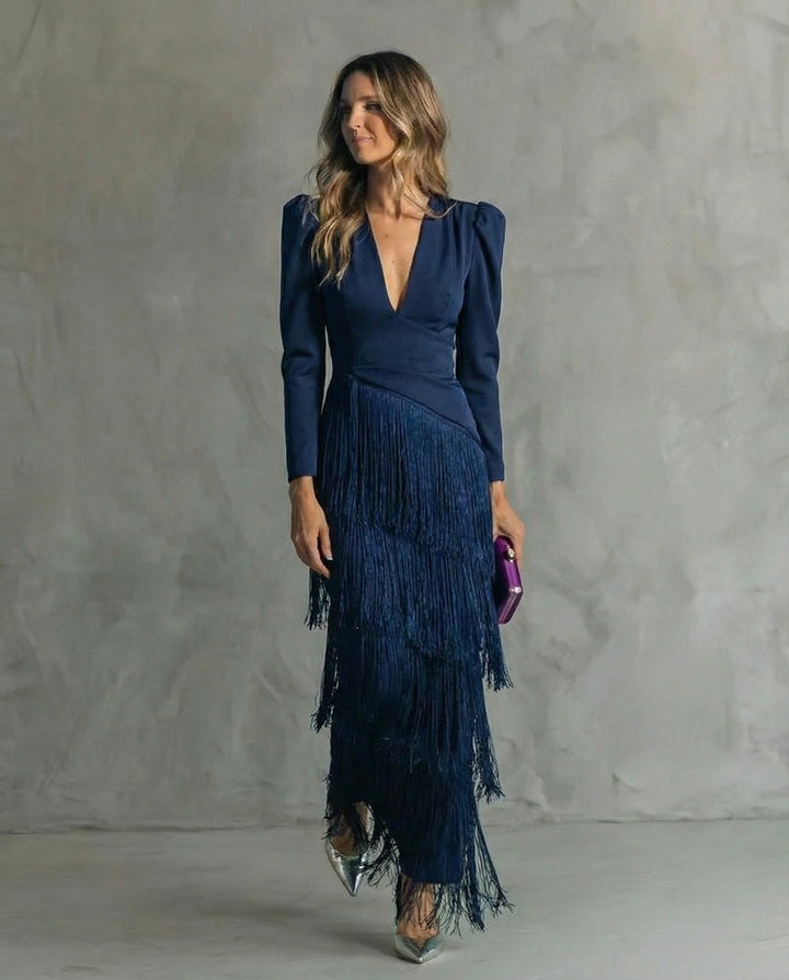 Agnieszka | Sukienka Damska Midi Elegancka Z Frędzlami